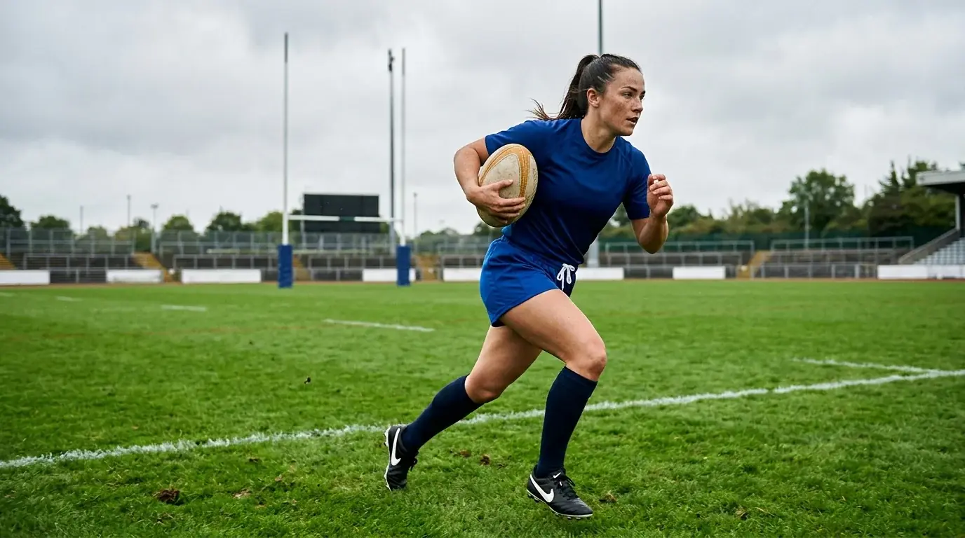 Rugby-League-Spielerin in blauem Trikot mit ovalem Ball auf Rasenplatz