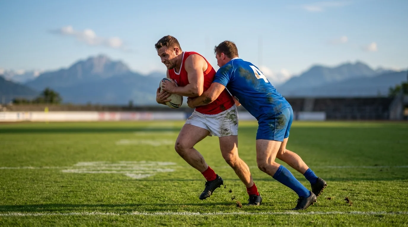Rugby-League-Spieler im Tackle auf einem Rasenfeld bei Abendsonne, im Hintergrund die Schweizer Berglandschaft